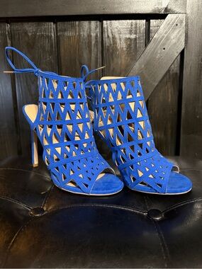 ShoeDazzle Women's Blue Laser-Cut Suede High Heel Sandals
